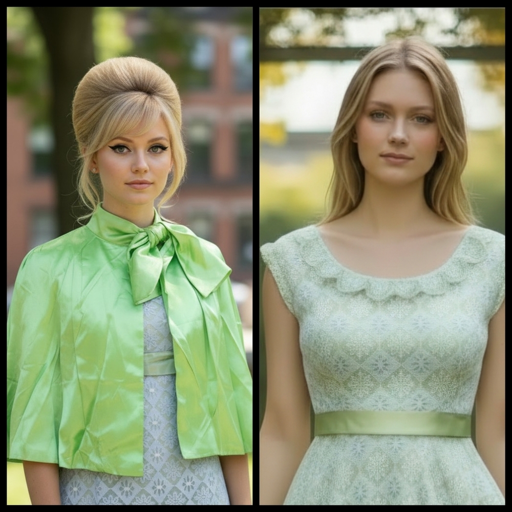 VTG Formal Babydoll Dress‎ Sz XS Long Floral Lace W Cape Lime Green White Satin